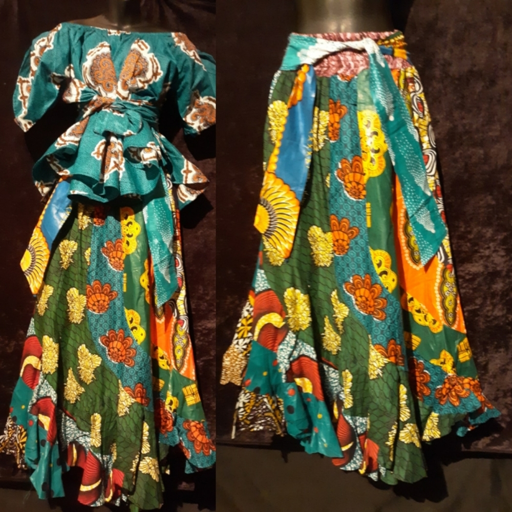 Cotton top & patchquilt ruffled long skirt